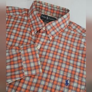 Ralph Lauren Blake Mens Large Plaid Flannel Orange Blue Long Sleeve Butt…